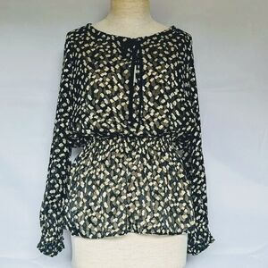 Theory Blouse Top Silk Blend Tie Neckline Gathered Waist Long Sleeve Black L NWT